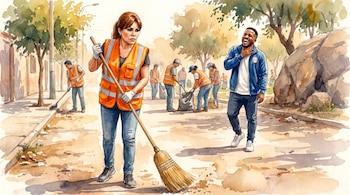 Ilustración en acuarela de Magaly en chaleco naranja barriendo una calle, con Farfán riendo a su derecha y otros trabajadores de limpieza al fondo.