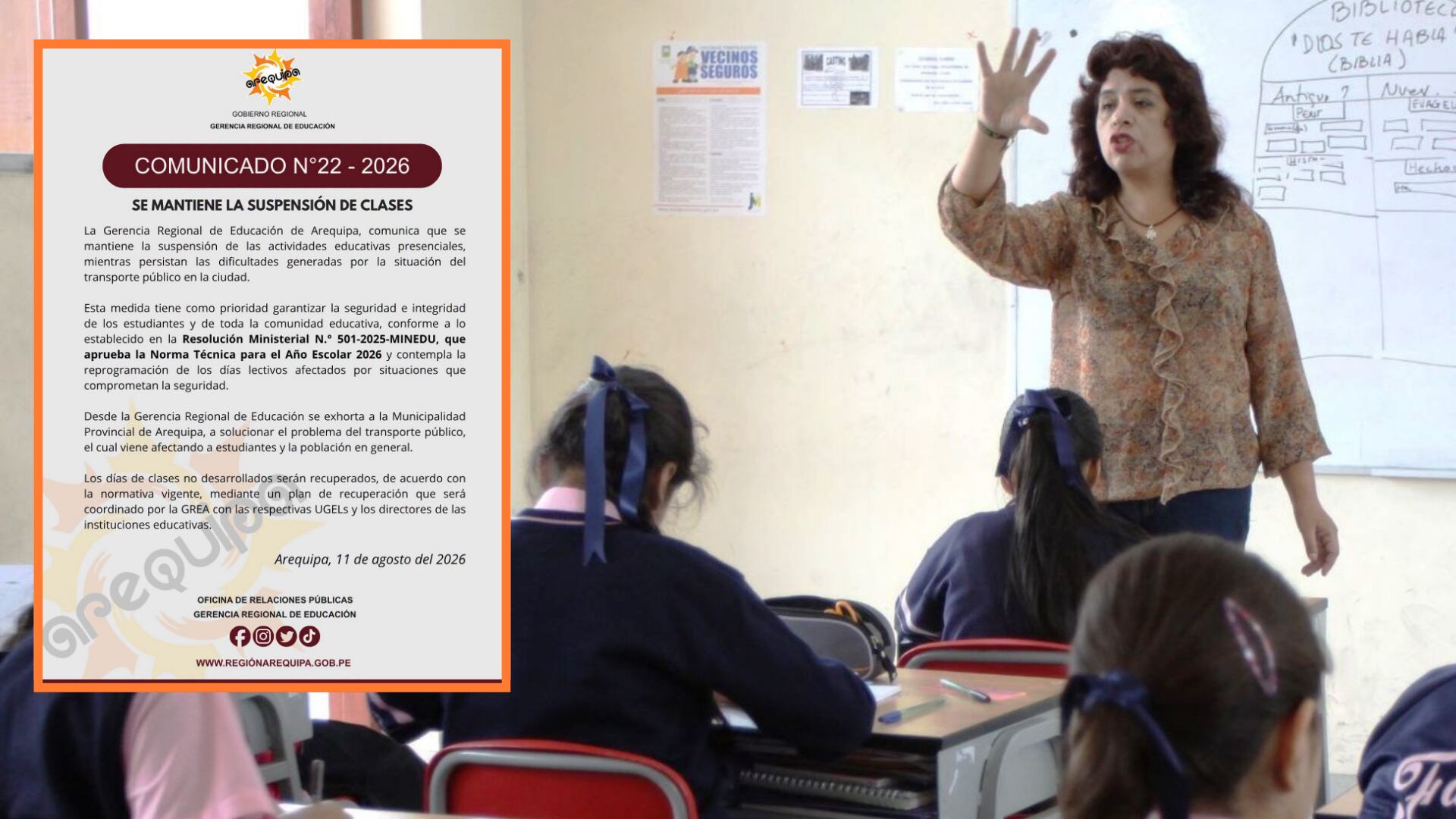 Arequipa mantiene suspensión de clases presenciales mientras persistan dificultades por paro de transportistas