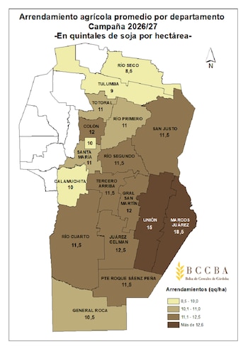 Mapa de arrendamientos agrícolas promedio por departamento