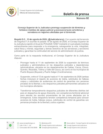 Las audiencias y trámites judiciales en Caldas, Cauca, Chocó, Quindío, Risaralda, Tolima y Valle del Cauca permanecerán suspendidos hasta el 11 de septiembre, según medida oficial - crédito Rama Judicial