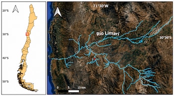 Mapa de Chile a la izquierda y vista satelital a la derecha con el cauce del río Limarí en azul, puntos de marcación y escala en kilómetros