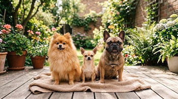 Un pomerania, un chihuahua y un bulldog francés sentados sobre una manta en un suelo de madera rodeado de plantas.