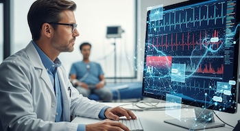 Un médico con bata blanca y gafas observa una pantalla de computadora que muestra gráficos de monitoreo cardíaco y la etiqueta AI; un paciente desenfocado está en el fondo.