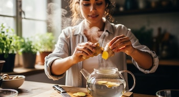 Mujer sostiene raíz de jengibre sobre una tetera de vidrio transparente con agua caliente y rodajas de jengibre, con vapor ascendente.