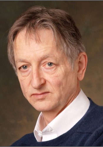 Retrato de Geoffrey Hinton, un hombre caucásico de mediana edad con cabello gris y ojos azules, vistiendo camisa blanca y suéter azul oscuro