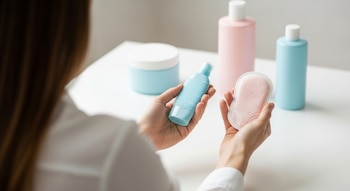 Manos de una mujer sostienen una botella azul y una almohadilla rosa; en segundo plano, un frasco azul y dos botellas pastel sobre una mesa blanca.