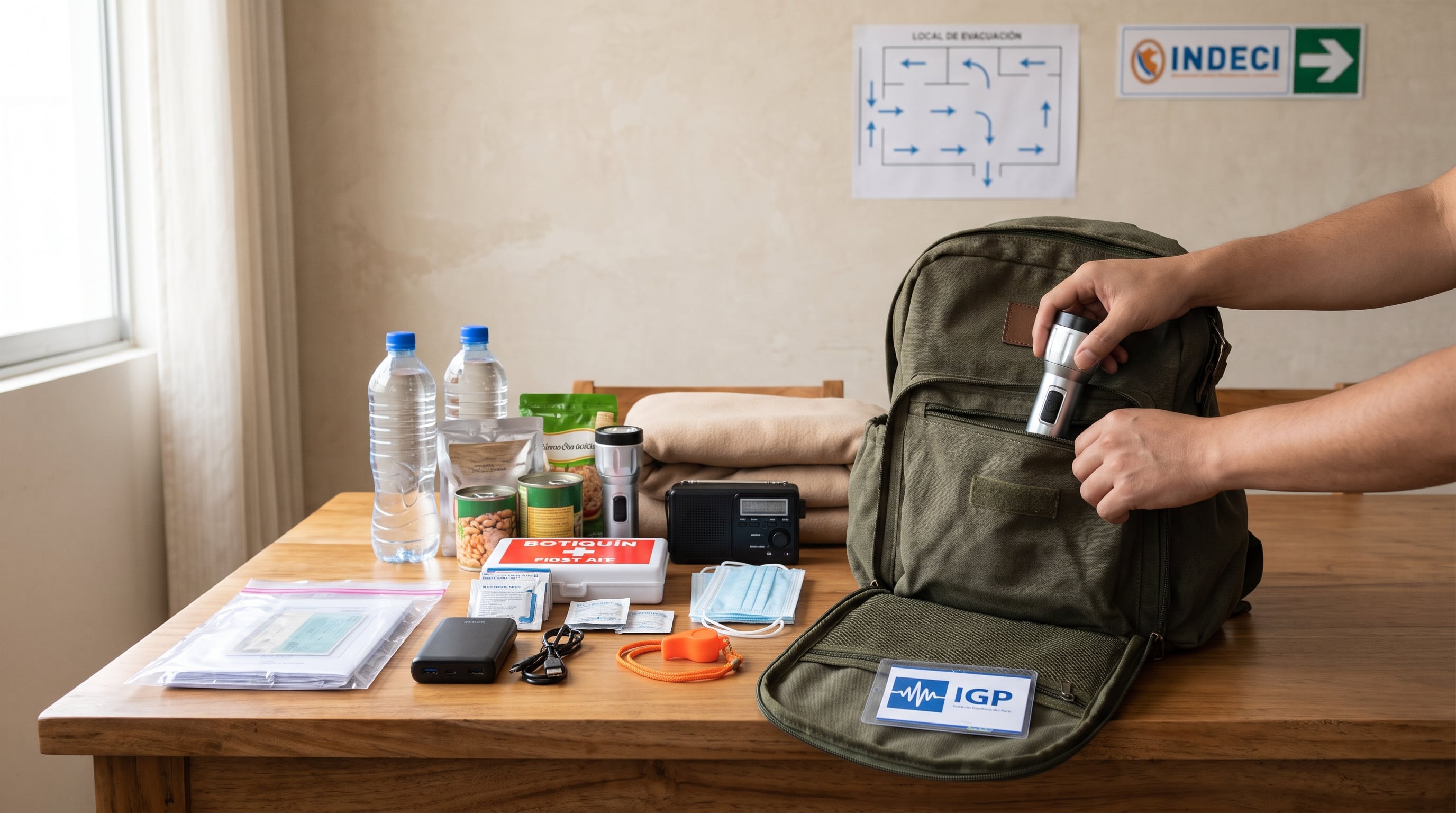 Una persona organiza una mochila de emergencia con provisiones, botiquín y herramientas básicas para la respuesta familiar ante un sismo. (Imagen Ilustrativa Infobae)