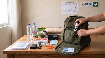 Mochila sobre una mesa junto a botellas de agua, conservas, botiquín, radio, linterna, mascarillas y un croquis de evacuación en la pared.