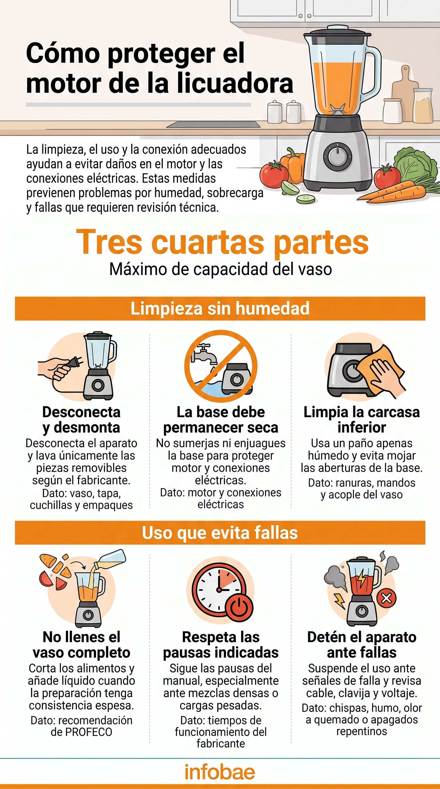 Recomendaciones para limpiar, usar y prolongar la vida útil del motor de una licuadora. (Imagen Ilustrativa Infobae)