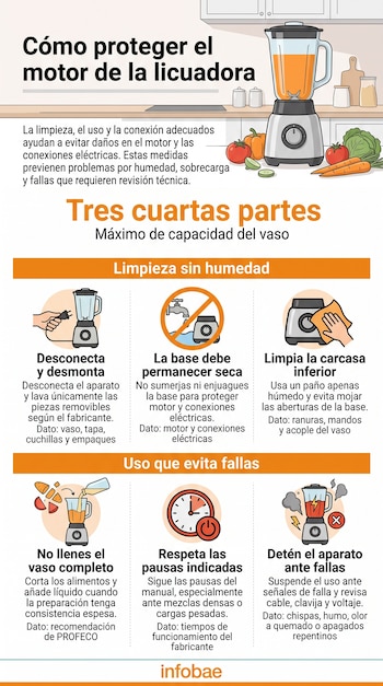Infografía con el título Cómo proteger el motor de la licuadora que incluye ilustraciones sobre limpieza, capacidad del vaso y precauciones.