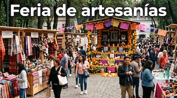 Puestos de madera con textiles, una ofrenda con flores y papel picado, personas que caminan y un rótulo superior con el texto Feria de artesanías.