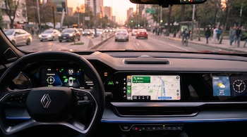 Interior de un automóvil con volante, tres pantallas digitales encendidas y vista del tránsito en una avenida urbana a través del parabrisas.