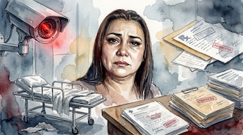 Ilustración en acuarela de una mujer angustiada en el centro, flanqueada por una cámara de seguridad, una camilla médica y montones de expedientes clínicos.