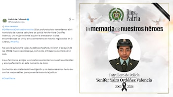 Yenifer Yadira Ordóñez Valencia, de 23 años, fue atacada con arma de fuego cuando realizaba diligencias personales fuera de servicio en el casco urbano del municipio - crédito Policía Nacional