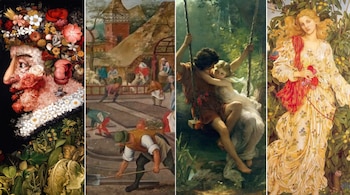 Cuatro obras pictóricas contiguas que presentan un rostro floral, campesinos en el campo, una pareja en un columpio y una mujer con flores.
