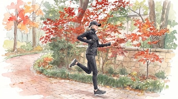 Ilustración de una mujer rubia con gorra, ropa deportiva negra, guantes y audífonos blancos, corriendo en un camino de ladrillos con árboles de otoño.