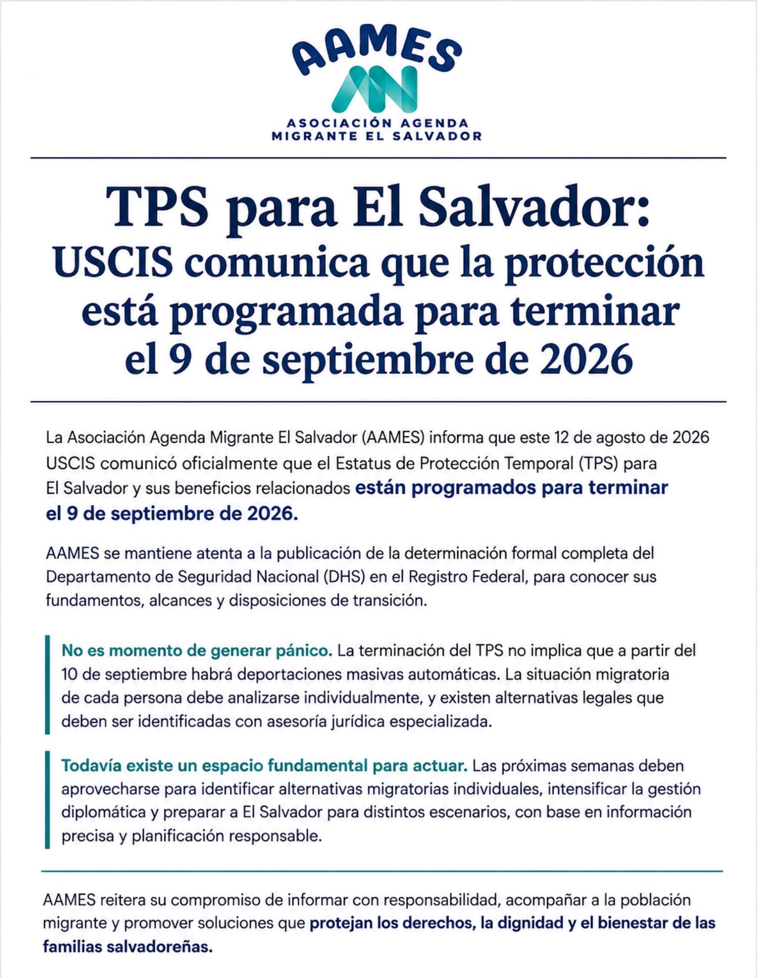 AAMES afirmó que el fin del TPS para El Salvador no implica deportaciones masivas automáticas y pidió analizar cada situación migratoria de forma individual. (Cortesía: Redes sociales)