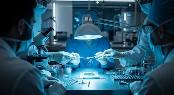 Cuatro personas con mascarillas y guantes en un laboratorio. Manos enguantadas sujetan una muestra bajo una lámpara. Microscopio, pinzas y material de vidrio en la mesa.