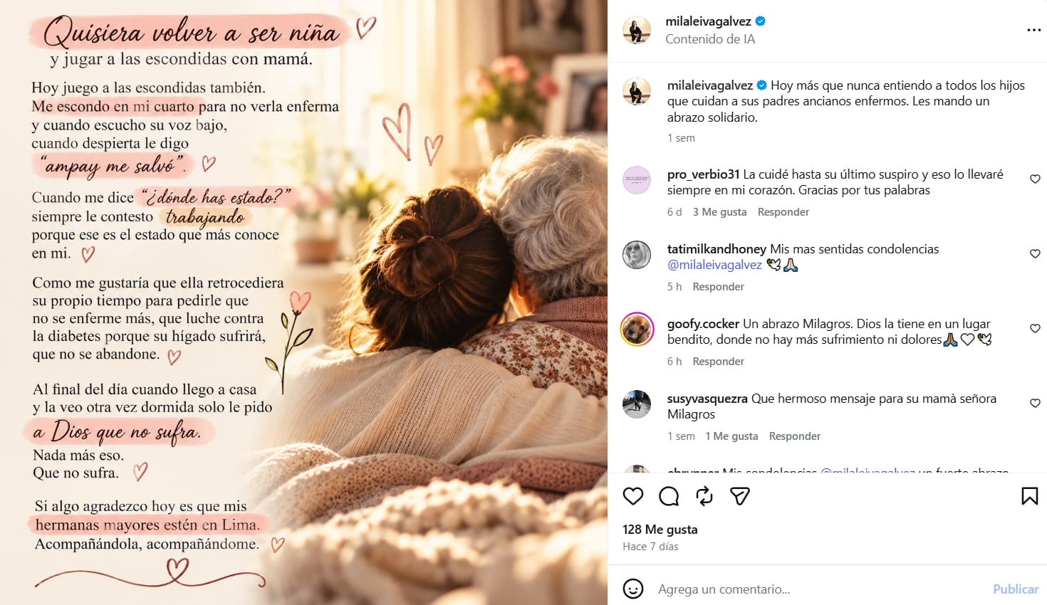 La periodista Milagros Leiva dedicó una publicación en Instagram al cuidado y la salud de su madre semanas antes de su fallecimiento.