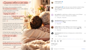 Captura de pantalla de una publicación de Instagram con un texto sobre el cuidado materno, una ilustración y comentarios de usuarios