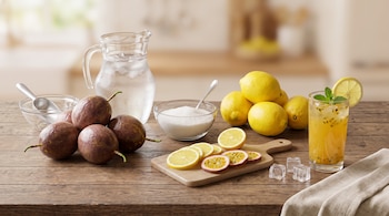 Maracuyás enteros, limones, un recipiente con azúcar, una jarra de agua con hielo, rodajas de fruta y un vaso servido sobre una mesa.