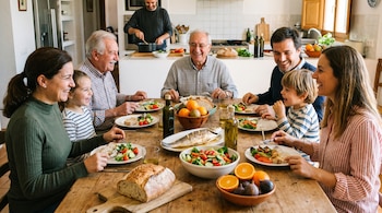 Varias generaciones de una familia sentadas alrededor de una mesa de madera, riendo y comiendo platos con ensalada, pescado, pan y frutas en un hogar luminoso.