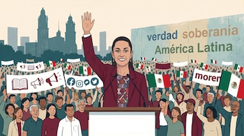 Ilustración de una mujer en un podio saludando a una multitud con banderas mexicanas. Al fondo, un paisaje urbano y lemas como "verdad" y "soberanía".