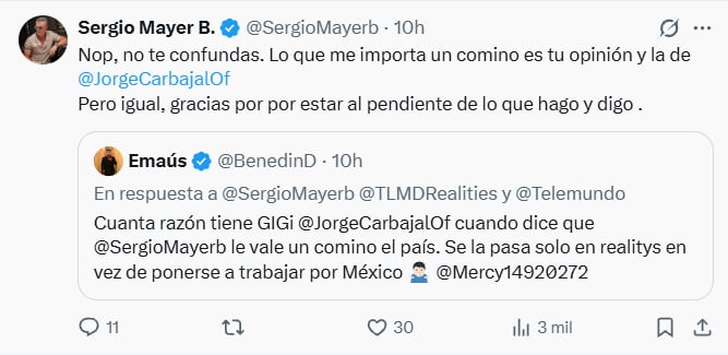 El actor y político mexicano Sergio Mayer responde en la red social X a un usuario que cuestionó su participación en programas de telerrealidad. (X)