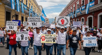 Vista frontal de una multitud de personas, incluyendo hombres y mujeres, marchando en una calle de Guatemala con carteles que exigen derechos laborales.