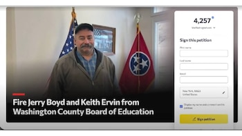 Captura de pantalla de una petición en línea en un ordenador. Un hombre con bigote sonríe frente a las banderas de Estados Unidos y Tennessee, junto a un formulario con 4,257 firmas