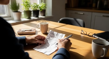 Primer plano de manos escribiendo una lista de la compra en papel arrugado sobre una mesa de madera, con dos tazas y unas gafas.