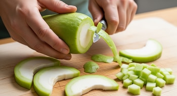 Vista cercana de manos pelando un chayote verde con un pelador, mientras otros trozos y rebanadas yacen sobre una tabla de madera clara.