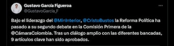El viceministro General del Interior celebró la aprobación del proyecto de ley en la Cámara de Representantes - crédito @GustavoGarcia_F/X