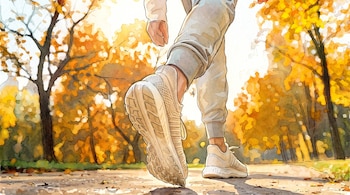 Persona caminando, vestida con pantalón y zapatillas, sobre un sendero de tierra. Árboles de hojas amarillas y naranjas, y luz del sol al fondo.