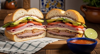 Una torta mexicana cortada por la mitad con pan, frijoles, dos carnes, queso, tomate, jalapeños, aguacate y crema. Hay un tazón de salsa roja y una lima.