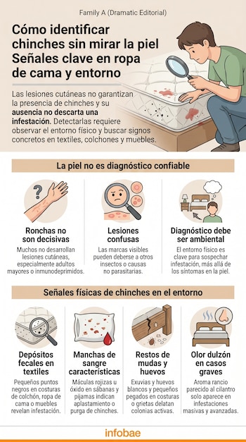 Infografía que muestra a un hombre con lupa inspeccionando un colchón sucio. Incluye ilustraciones de lesiones en la piel, manchas de sangre y heces.