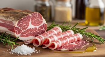 Un trozo de solomillo de cerdo curado y varias rebanadas enrolladas en una tabla de madera con romero fresco, sal y aceite de oliva al fondo.
