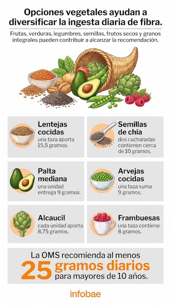 Infografía con ilustración de vegetales y seis cuadros con gramos de fibra en lentejas, chía, palta, arvejas, alcaucil y frambuesas.
