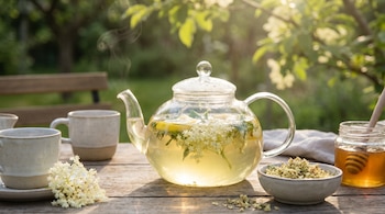 Tetera de cristal con infusión de sauco y limón, dos tazas, cuenco con flores secas, jarra de miel con utensilio, mesa de madera, vapor.