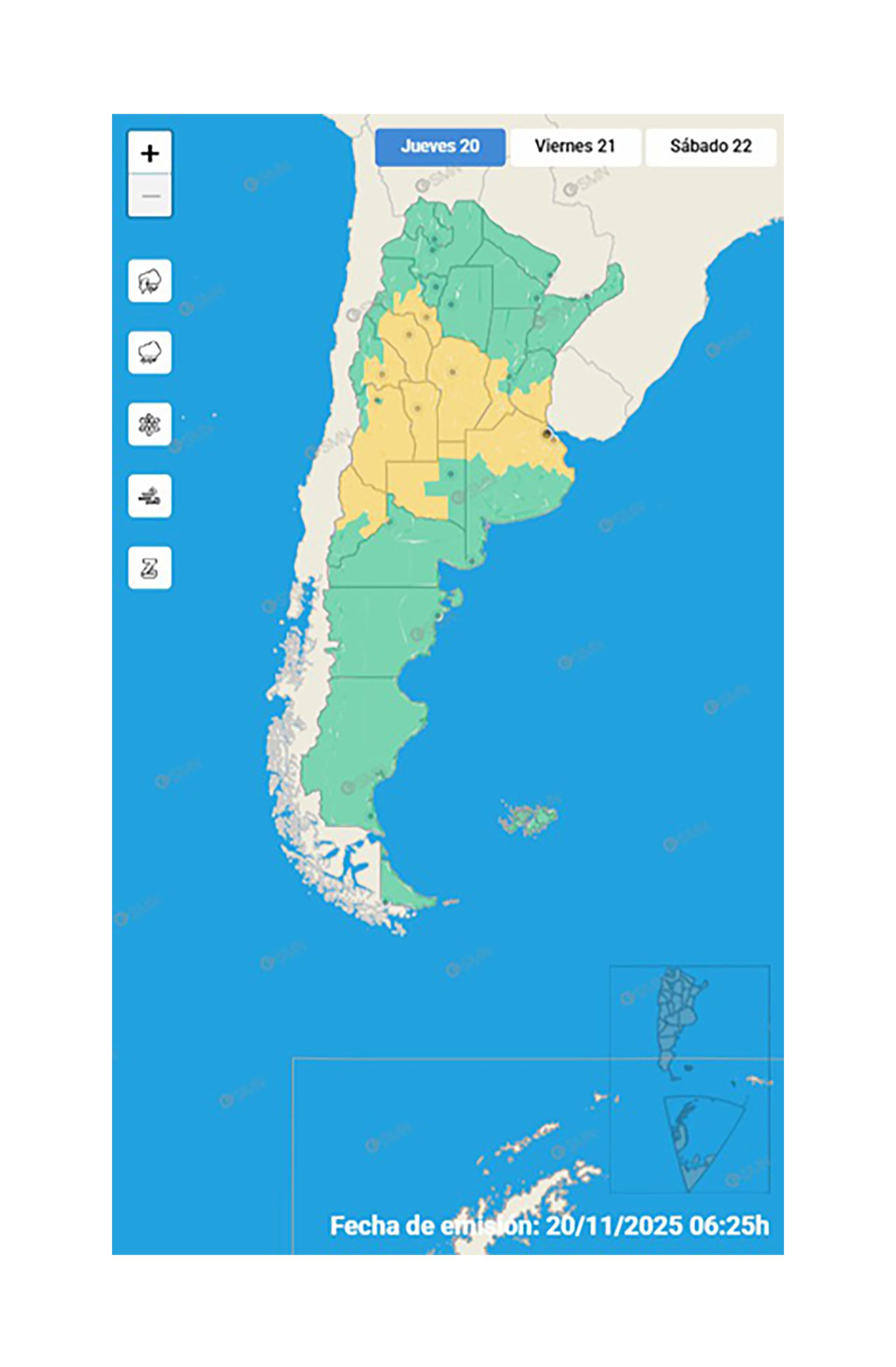Las alertas por lluvias y fuertes vientos para hoy, en la franja central del país.