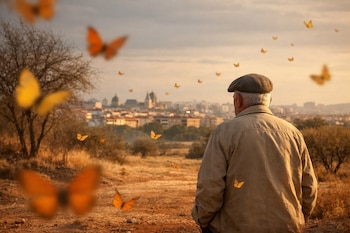 Hombre adulto con gorra, de espaldas, frente a una ciudad y campo seco con árboles. Mariposas naranjas y amarillas dispersas vuelan.