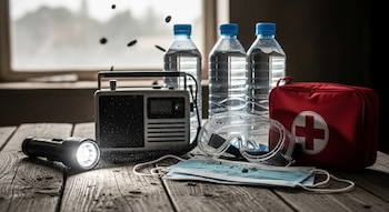 Primer plano de un kit de emergencia sobre una mesa: linterna encendida, radio, botellas de agua, gafas protectoras, mascarillas y botiquín rojo. Ceniza esparcida.