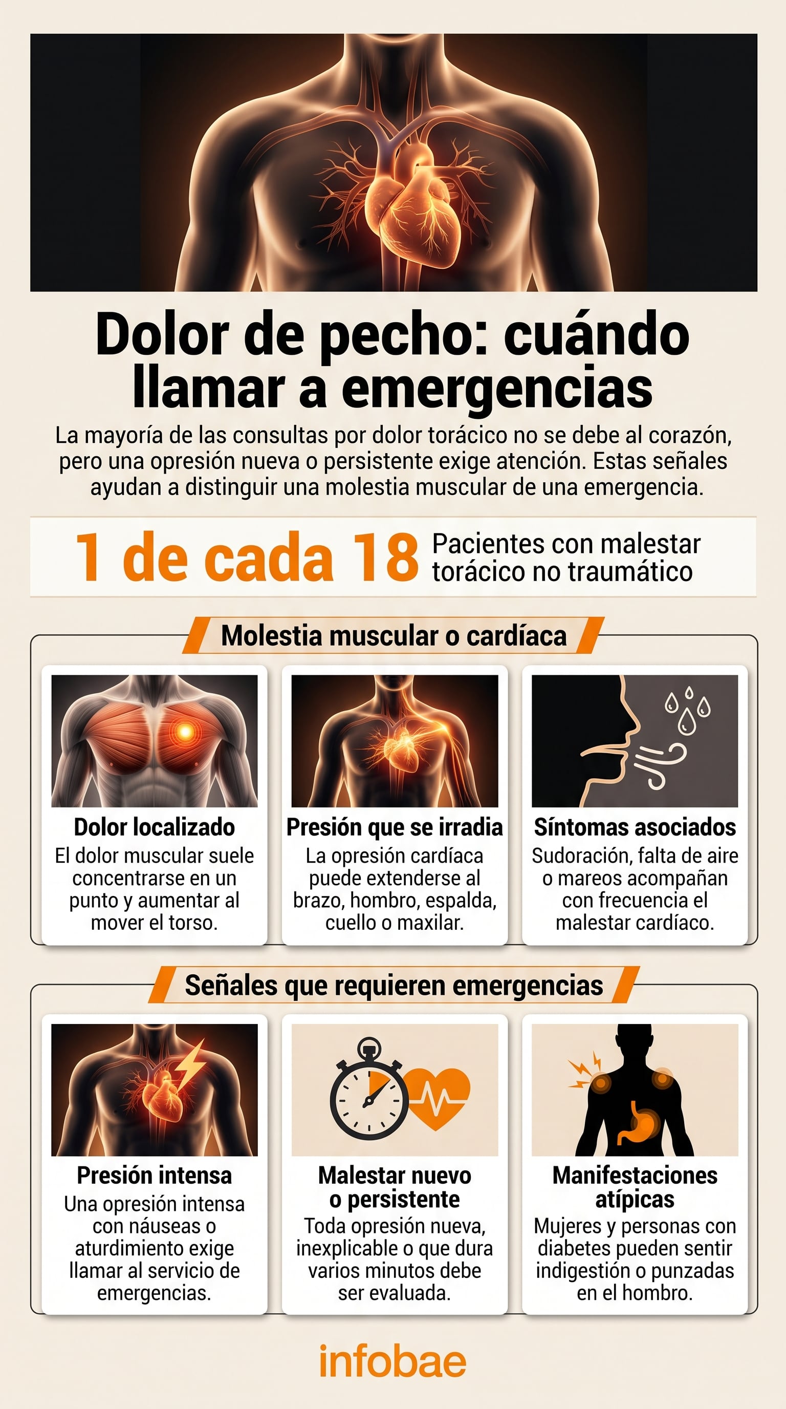 Una guía visual detalla los síntomas que diferencian una molestia muscular en el tórax de una afección cardíaca que requiere atención médica inmediata (Imagen Ilustrativa Infobae)