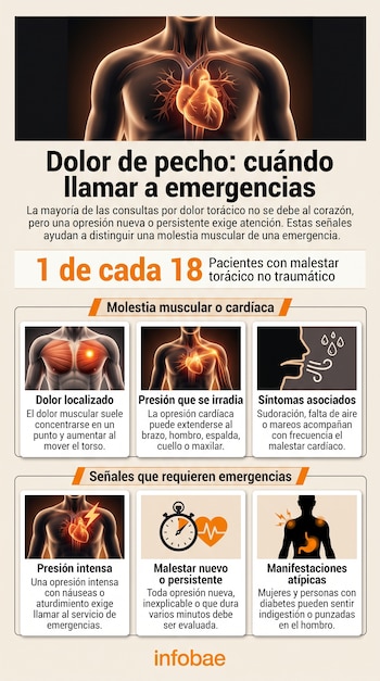 Infografía sobre el dolor de pecho con figuras del torso humano, el corazón iluminado, iconos de síntomas y bloques de texto explicativo.