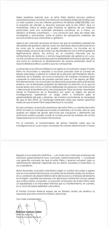 El directivo de Cambio Radical planteó su petición como una medida de contención política e institucional durante el relevo de mando - crédito Enrique Vargas Lleras