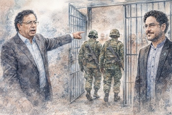 Acuarela: Gustavo Petro con gafas, camisa celeste y saco, señalando a dos militares de espaldas, que se dirigen a una prisión, mientras Iván Cepeda sonríe.