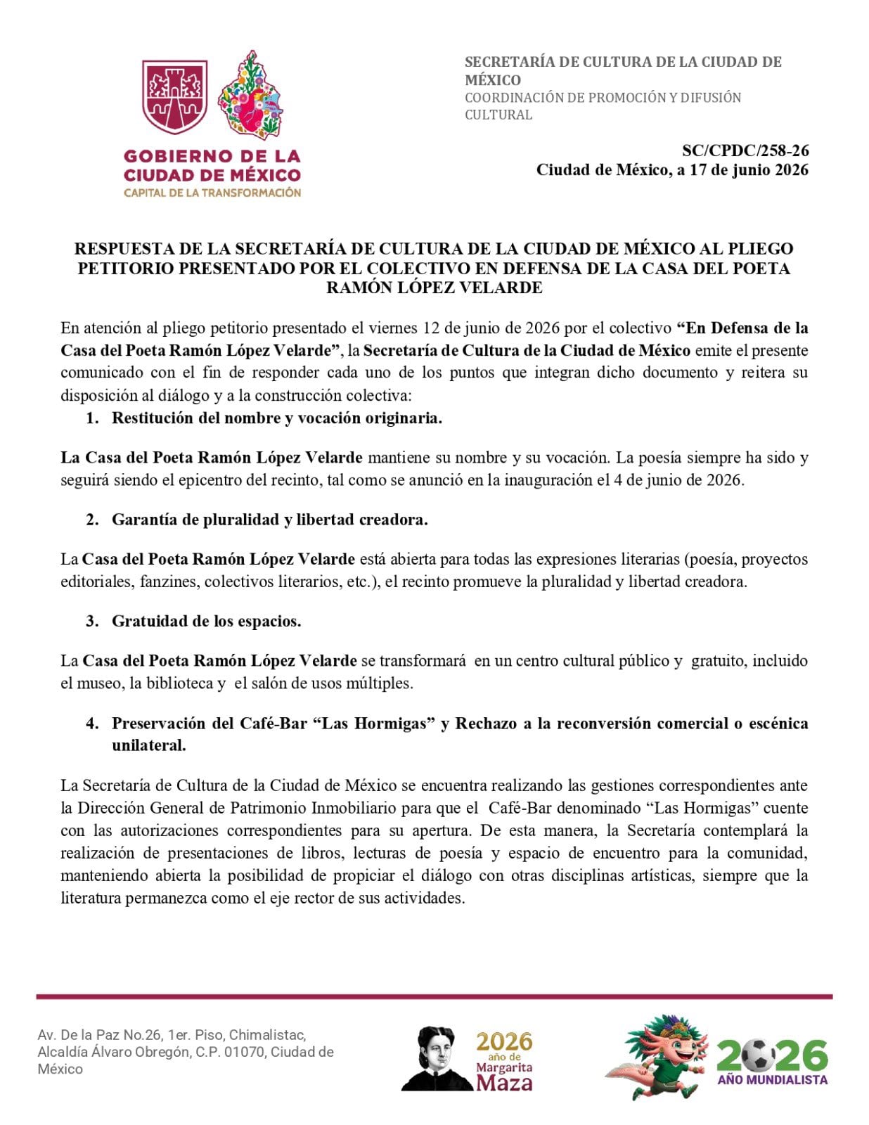 El documento también señala que la Casa del Poeta se transformará en un centro cultural público y gratuito, incluyendo el museo, la biblioteca y el salón de usos múltiples (Gobierno de México/Secretaría de Cultura)
