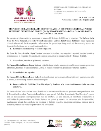 Documento oficial con el logotipo del Gobierno de la Ciudad de México y texto que detalla la respuesta de la Secretaría de Cultura