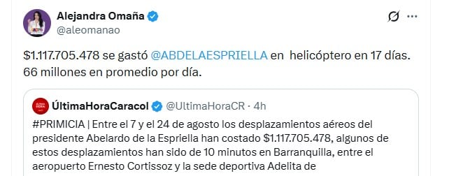 Alejandra Omaña, conocida como Amaranta Hank, señaló que el gasto equivaldría a un promedio cercano a $66 millones diarios - crédito @aleomanao/X