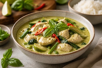 Un plato hondo contiene curry verde con trozos de pollo, chiles rojos, hojas de albahaca, chauchas y berenjenas. Al fondo se ve arroz blanco